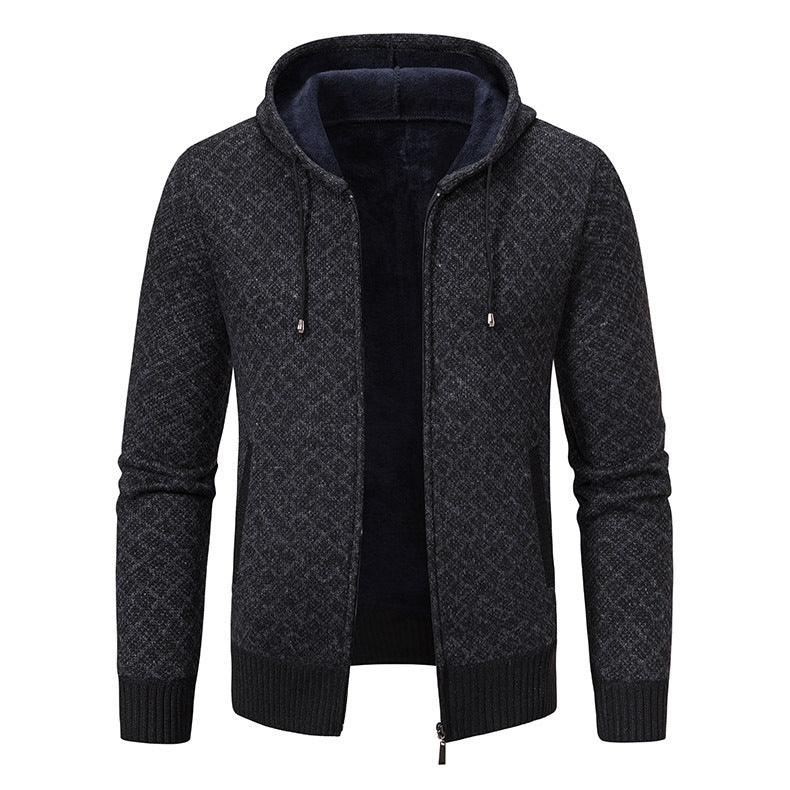 Men's jacquard zip knit jacket with hood and warm fleece lining Hudson & Parker