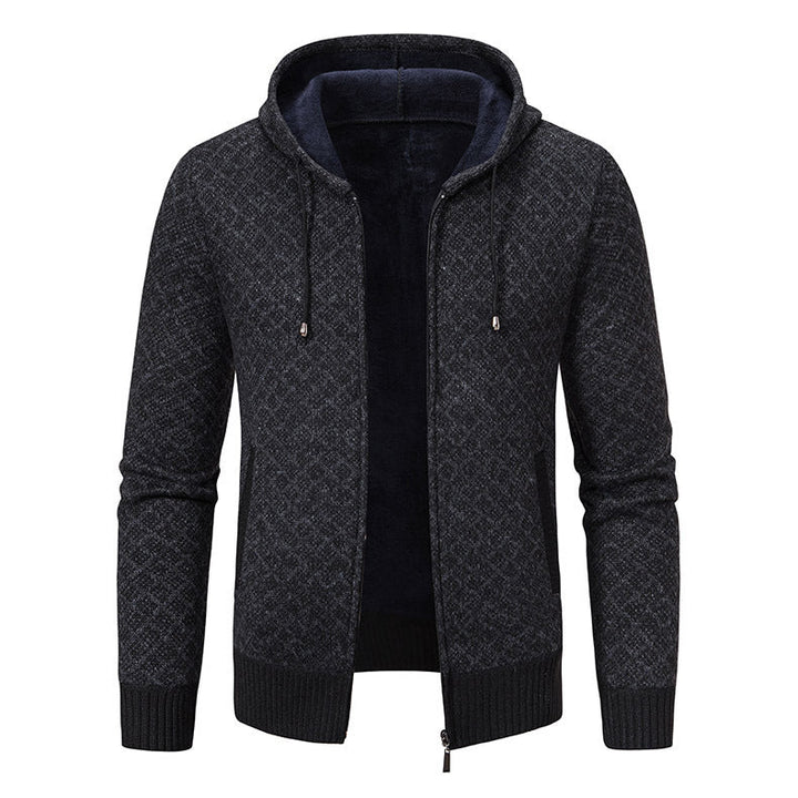 Men's jacquard zip knit jacket with hood and warm fleece lining Hudson & Parker