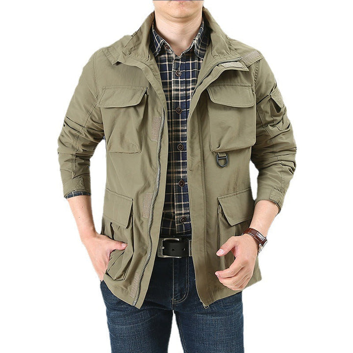 Men's multifunctional utility field jacket with numerous flap and zippered pockets as well as D-ring Hudson & Parker