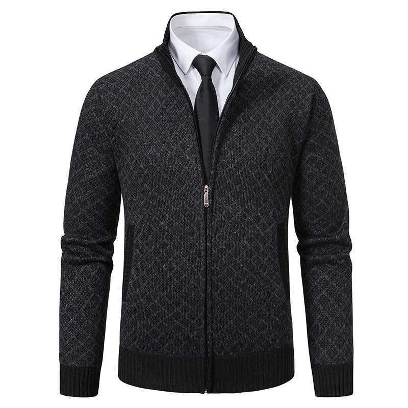 Men's Patterned Knit Zip Jacket with Stand-Up Collar, Jacquard Pattern and Ribbed Cuffs Hudson & Parker