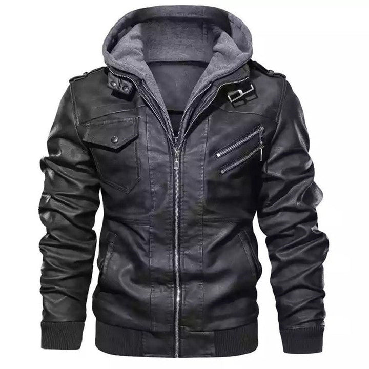 Men's Hooded Faux Leather Jacket in Biker Style with Zipper Pockets and Ribbed Cuffs Hudson & Parker