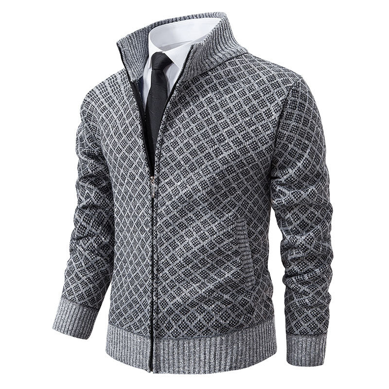 Men's Patterned Knit Zip Jacket with Stand-Up Collar, Jacquard Pattern and Ribbed Cuffs Hudson & Parker