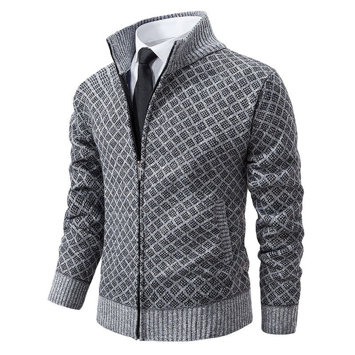 Men's Patterned Knit Zip Jacket with Stand-Up Collar, Jacquard Pattern and Ribbed Cuffs Hudson & Parker