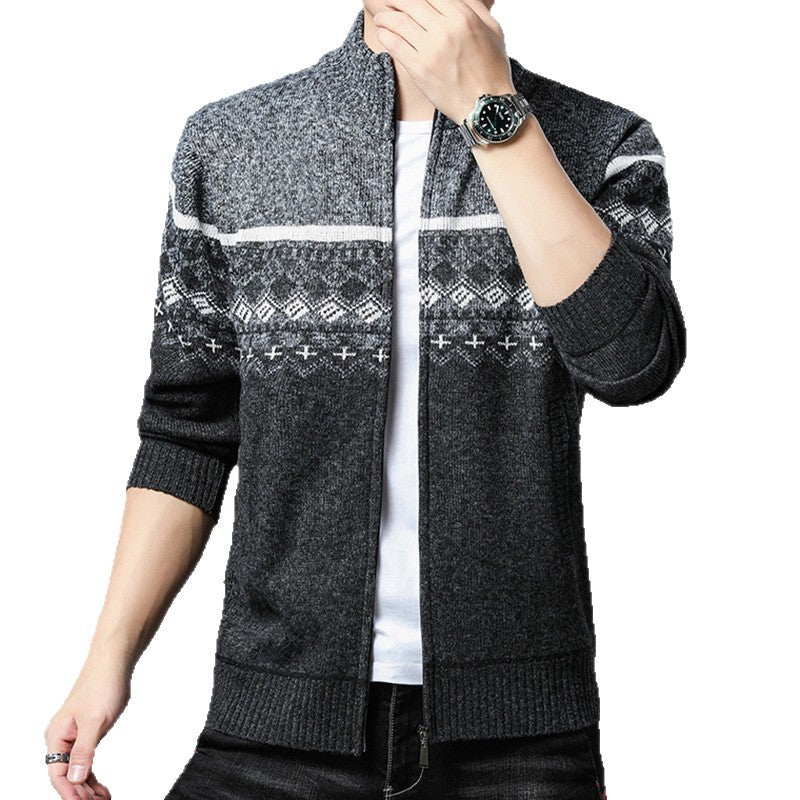 Men's Norwegian Pattern Cardigan with Full Zip and Stand-Up Collar Hudson & Parker