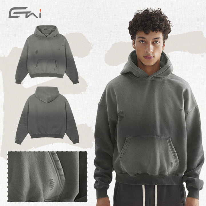 Men's Oversize Hoodie with Washed Used Effect and Destroyed Details Hudson & Parker