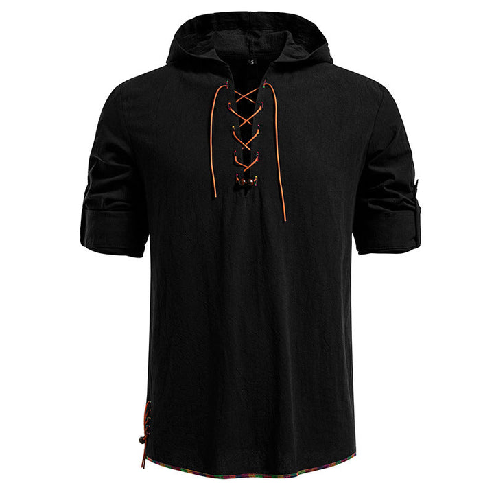 Men's Lightweight Hoodie Shirt with Decorative Lacing, Short Sleeve and Longline Cut Hudson & Parker