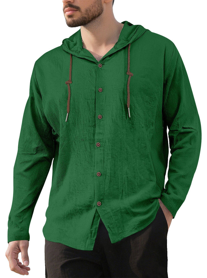 Men's textured linen blend hooded shirt with button placket, wood buttons, and side slits Hudson & Parker