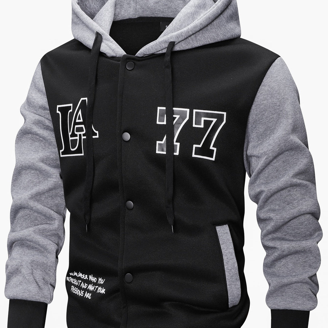 Men's varsity hooded jacket in college look with print, snap button front and contrast sleeves Hudson & Parker