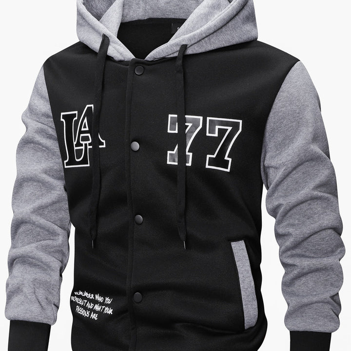 Men's varsity hooded jacket in college look with print, snap button front and contrast sleeves Hudson & Parker