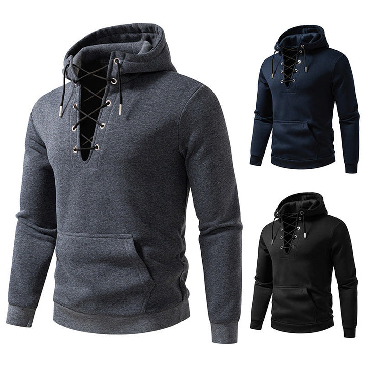 Men's hoodie in casual look with V-lacing, kangaroo pocket and ribbed cuffs Hudson & Parker