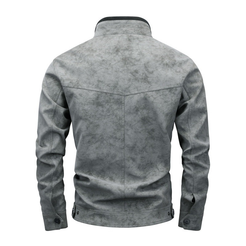 Men's Vintage Utility Faux Leather Jacket with Stand Collar and Multiple Pockets Hudson & Parker