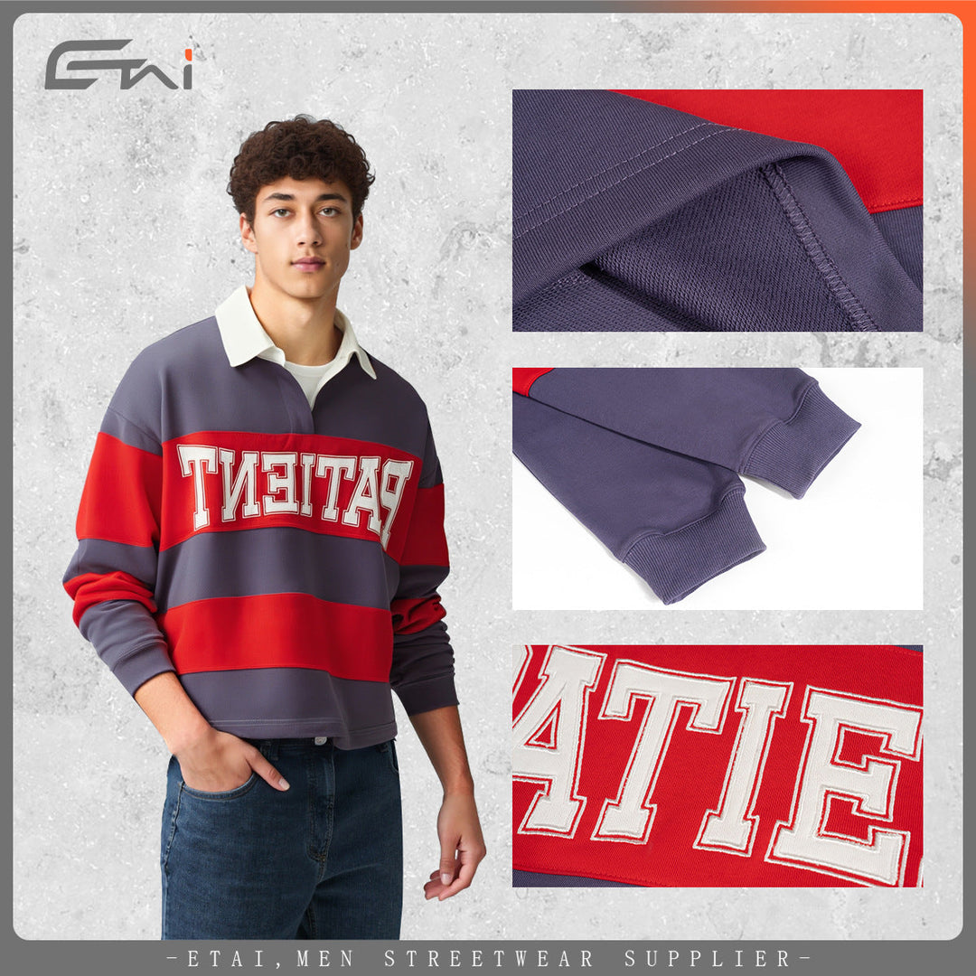 Men Striped Rugby Polo Sweatshirt with Contrast Collar and Oversized Fit Hudson & Parker