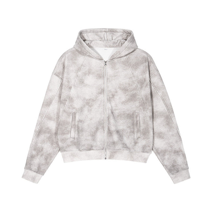 Unisex Short Cut Zip Hoodie made of French Terry with Cloud Dye Effect and Raglan Seams Hudson & Parker