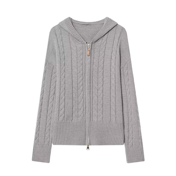Ladies hooded cardigan with cable knit pattern and metal zipper Hudson & Parker