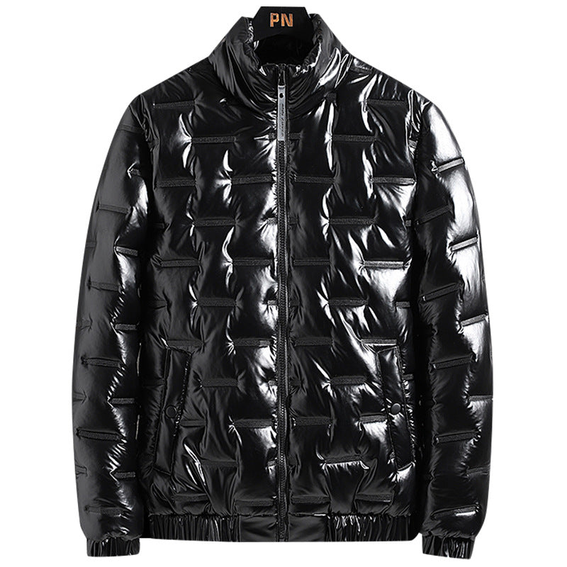 Men's Shiny Quilted Jacket with Geometric Quilting and Stand-up Collar Hudson & Parker