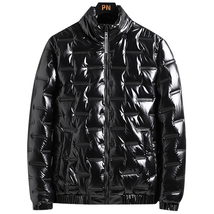 Men's Shiny Quilted Jacket with Geometric Quilting and Stand-up Collar Hudson & Parker