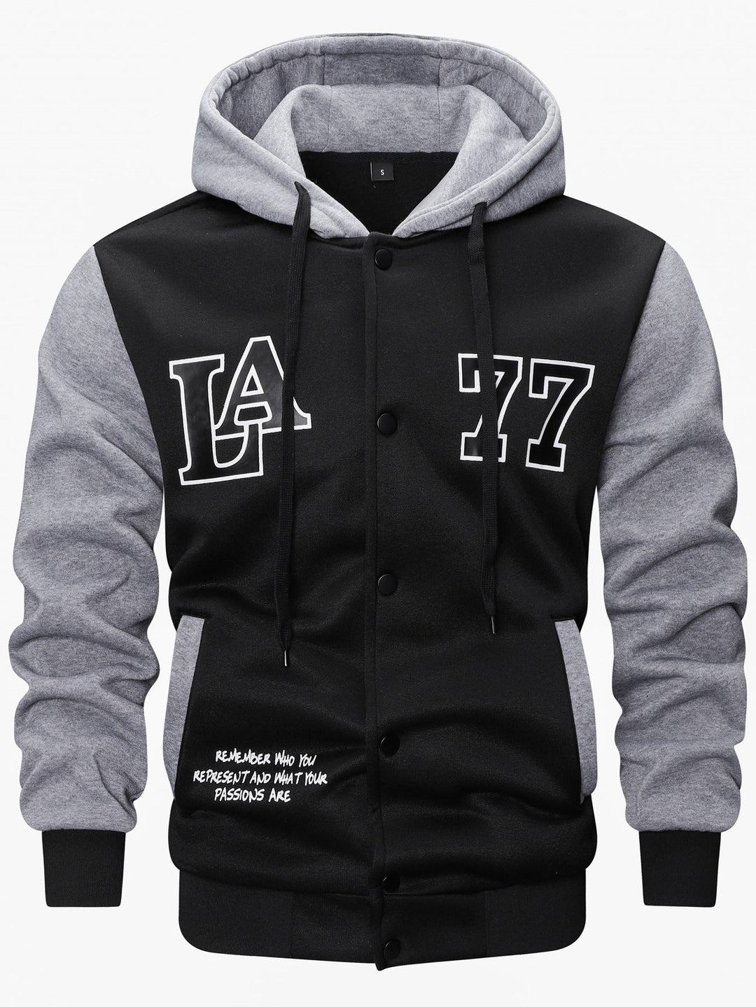 Men's varsity hooded jacket in college look with print, snap button front and contrast sleeves Hudson & Parker
