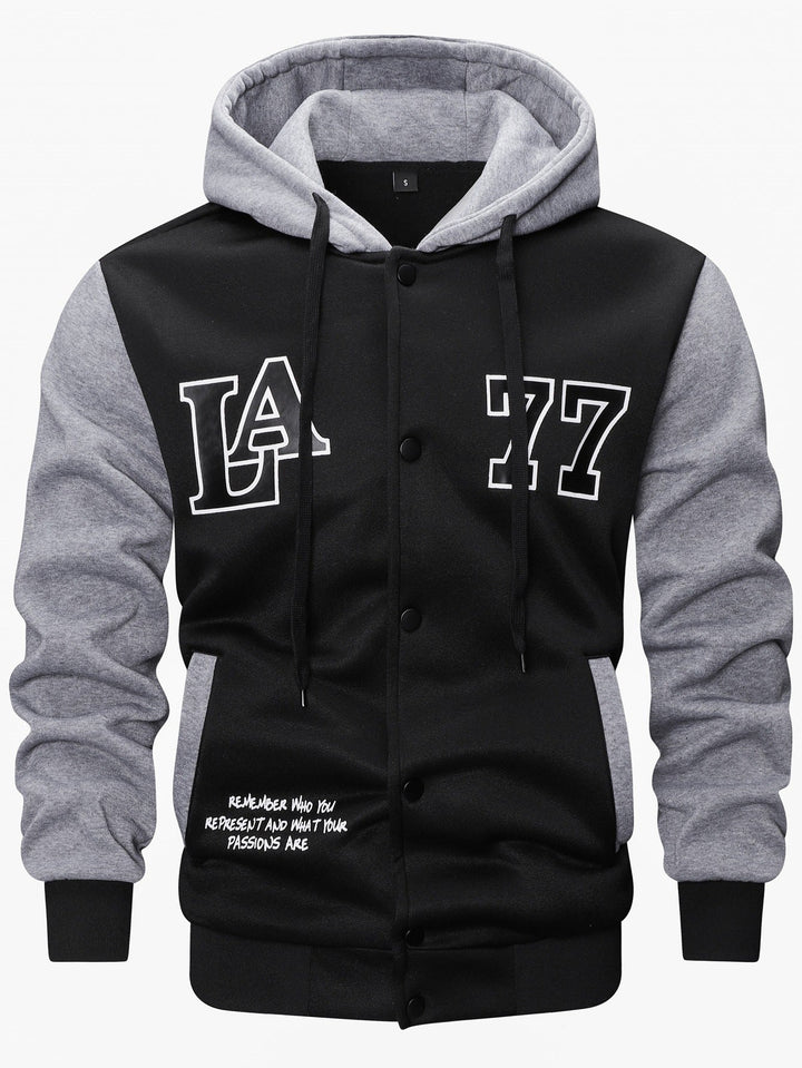 Men's varsity hooded jacket in college look with print, snap button front and contrast sleeves Hudson & Parker