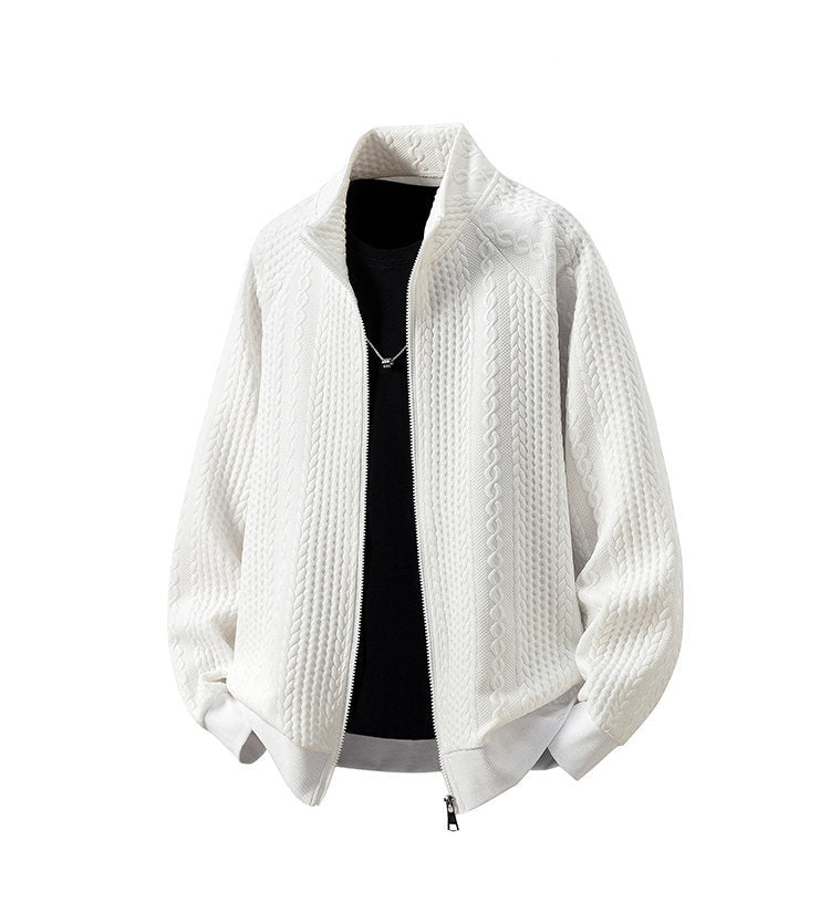 Men's Chunky Knit Zip Cardigan with Stand-Up Collar and Cable Pattern Hudson & Parker