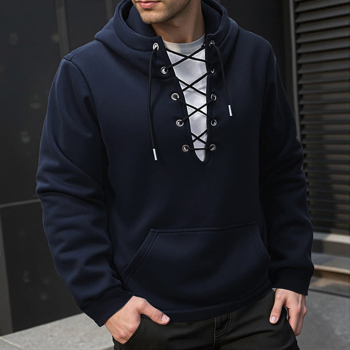 Men's hoodie in casual look with V-lacing, kangaroo pocket and ribbed cuffs Hudson & Parker