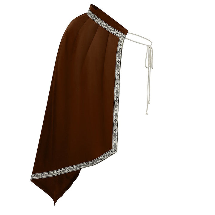 Unisex cape with shoulder plates, laced collar, faux fur trim, adjustable leather straps, and asymmetric train Hudson & Parker