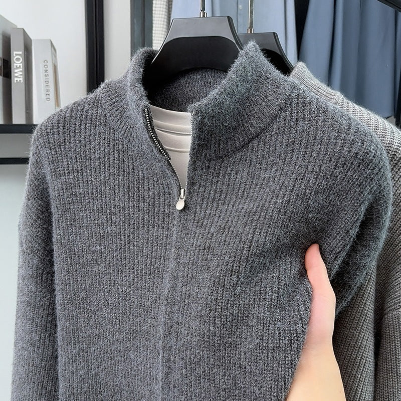 Men's Cozy Zip Sweater made of Mohair Blend with Fine Rib Structure and Stand-Up Collar Hudson & Parker
