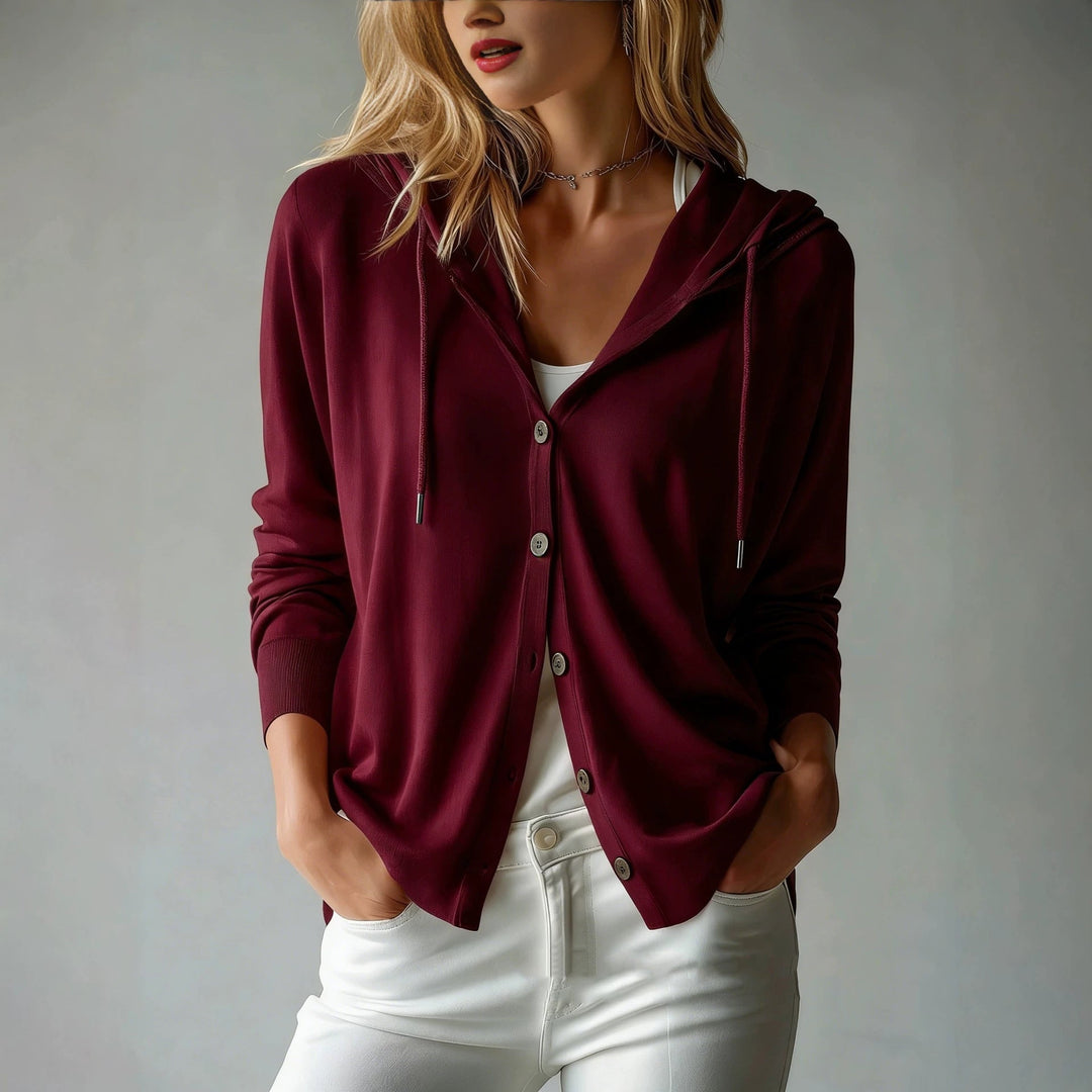 Women nan lightweight hooded cardigan with button placket and drawstring Hudson & Parker