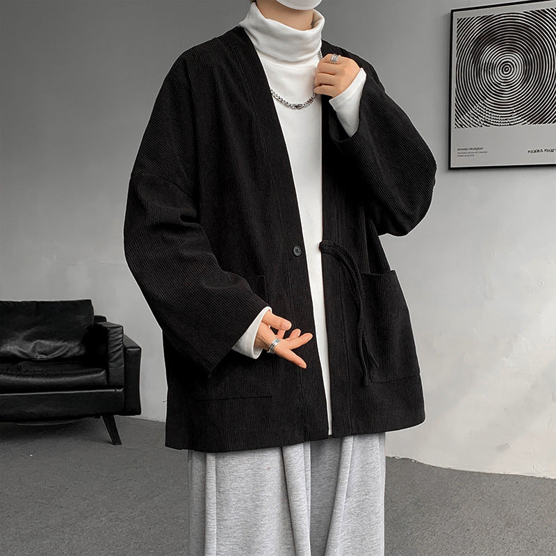 Men's oversized cord kimono cardigan with drawstring, patch pockets and drop sleeves Hudson & Parker