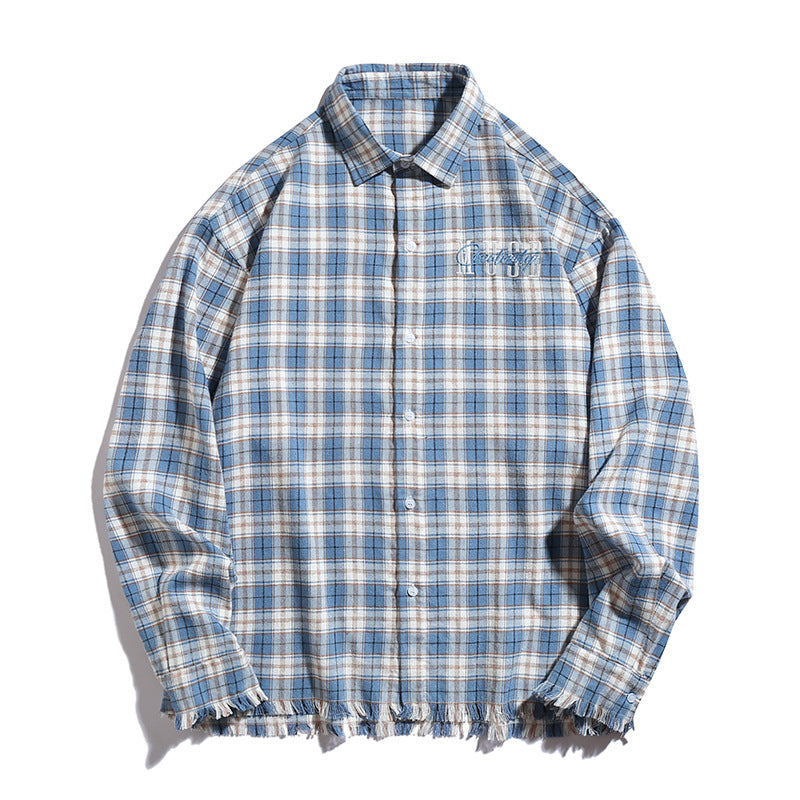 Unisex Overshirt in check look with fringed hem, chest embroidery and button placket Hudson & Parker