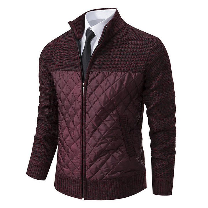 Men's hybrid knit jacket with quilted front panel, stand collar, and full zip Hudson & Parker