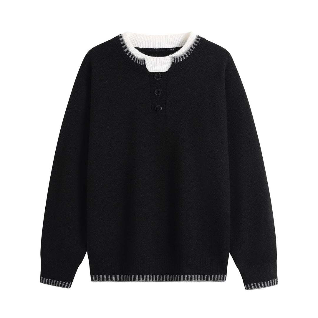Unisex fine knit henley sweater with contrasting ribbed collar & three-button placket Hudson & Parker