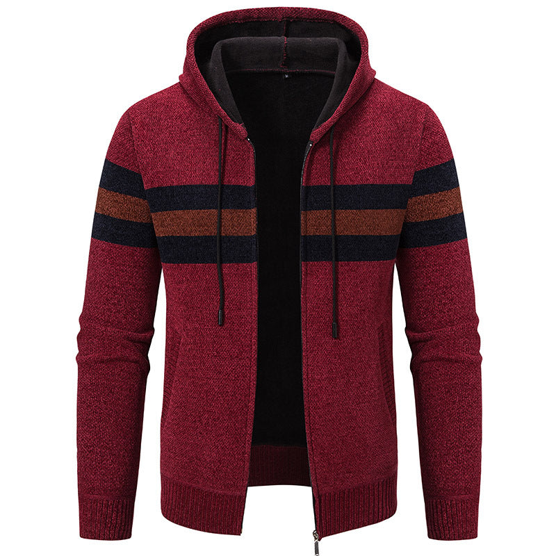 Men's hooded sweater jacket with full zip, contrast stripes, and side pockets Hudson & Parker