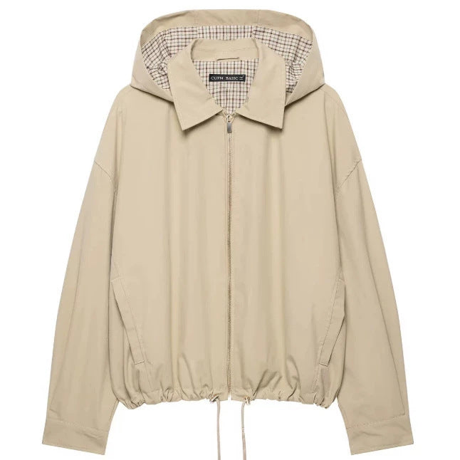 Women's Lightweight Hooded Jacket in Boxy Cut with Drawstring and Check Lining Hudson & Parker