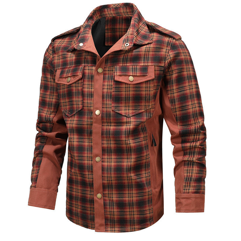 Men's Checked Shirt Jacket in Field Style with Epaulettes, Chest Flaps, and Reinforced Side Panels Hudson & Parker