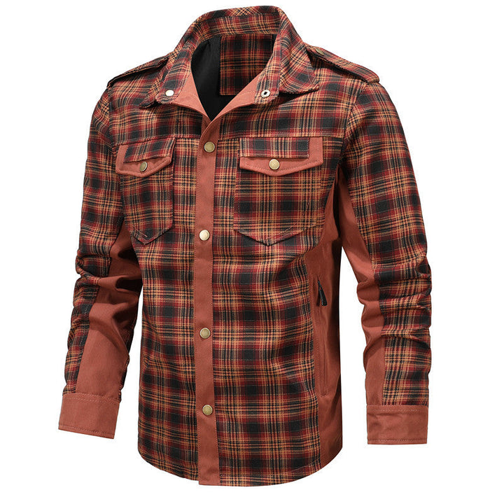 Men's Checked Shirt Jacket in Field Style with Epaulettes, Chest Flaps, and Reinforced Side Panels Hudson & Parker