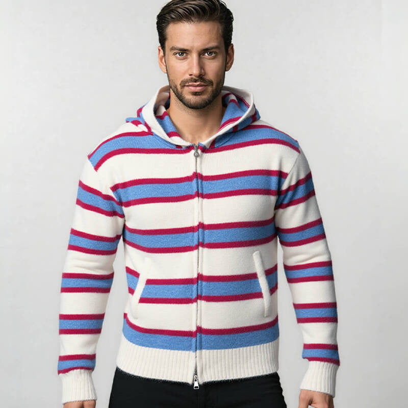 Men's Striped Knit Hoodie with Full Zipper and Ribbed Cuffs Hudson & Parker