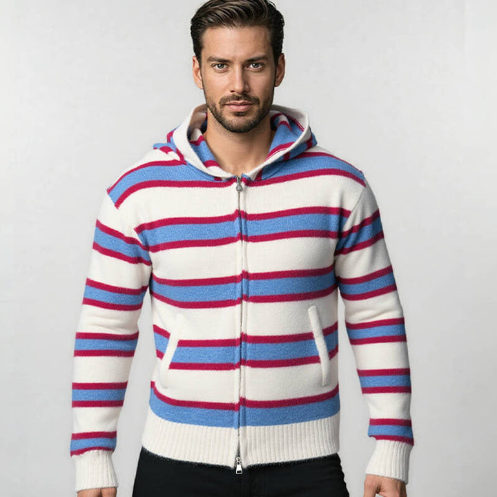 Men's Striped Knit Hoodie with Full Zipper and Ribbed Cuffs Hudson & Parker