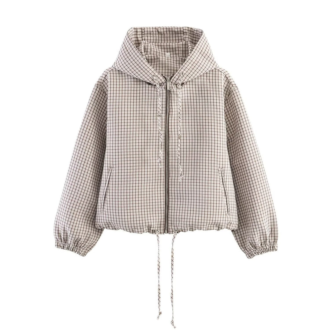 Women Short Cut Checkered Hoodie with Zip and Drawstring Hem Hudson & Parker