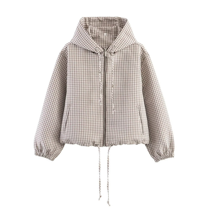 Women Short Cut Checkered Hoodie with Zip and Drawstring Hem Hudson & Parker