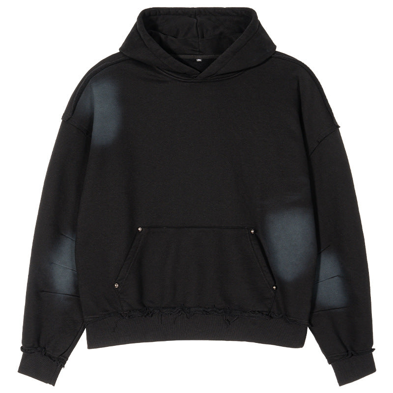Men's Boxy Hoodie with Frayed Hem, Studded Kangaroo Pocket and Worn Spot Effect Hudson & Parker