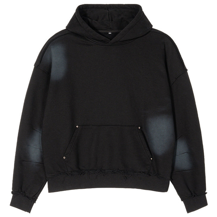 Men's Boxy Hoodie with Frayed Hem, Studded Kangaroo Pocket and Worn Spot Effect Hudson & Parker
