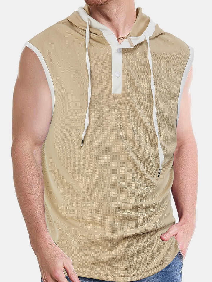 Men's sleeveless hoodie polo shirt with mesh structure and Henley button placket Hudson & Parker