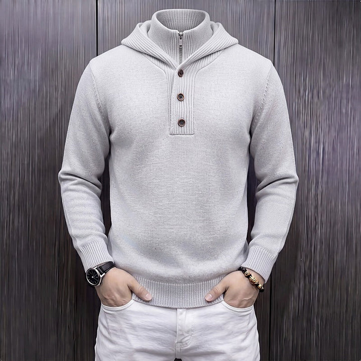 Men's fine knit hooded pullover with half zipper and button placket Hudson & Parker