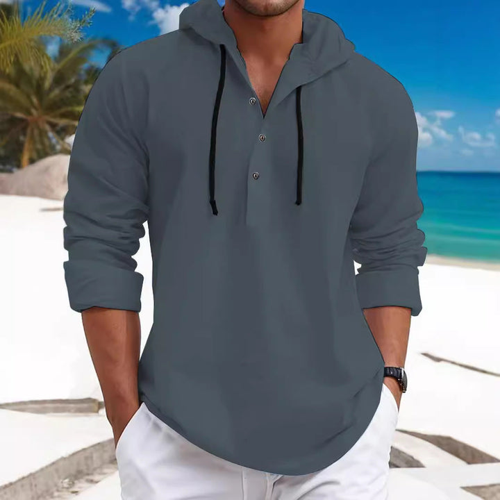 Men's summer hoodie henley with hidden button placket, drawstring and rounded hem Hudson & Parker