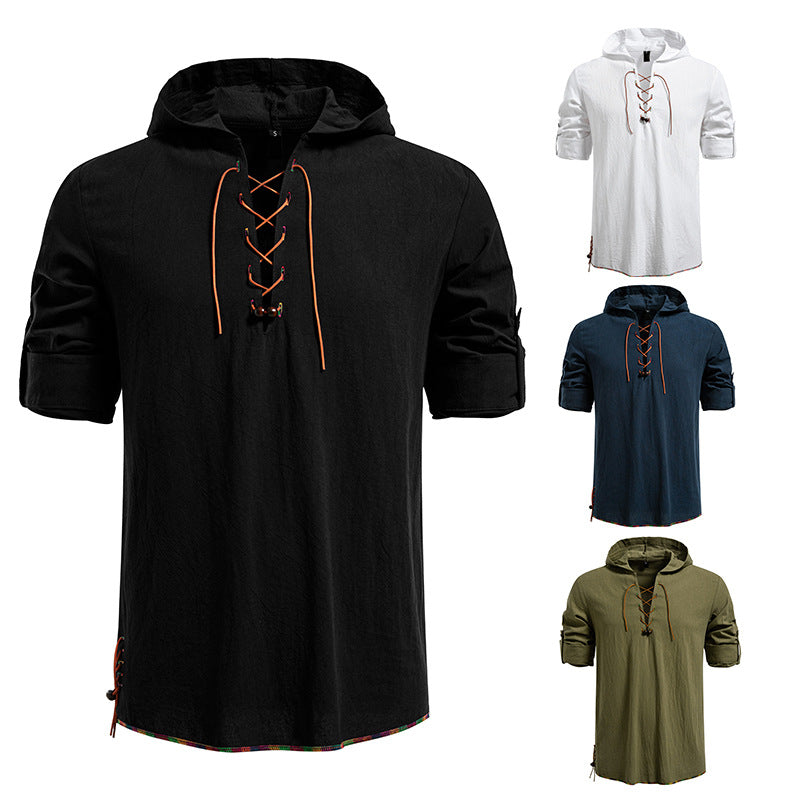 Men's Lightweight Hoodie Shirt with Decorative Lacing, Short Sleeve and Longline Cut Hudson & Parker