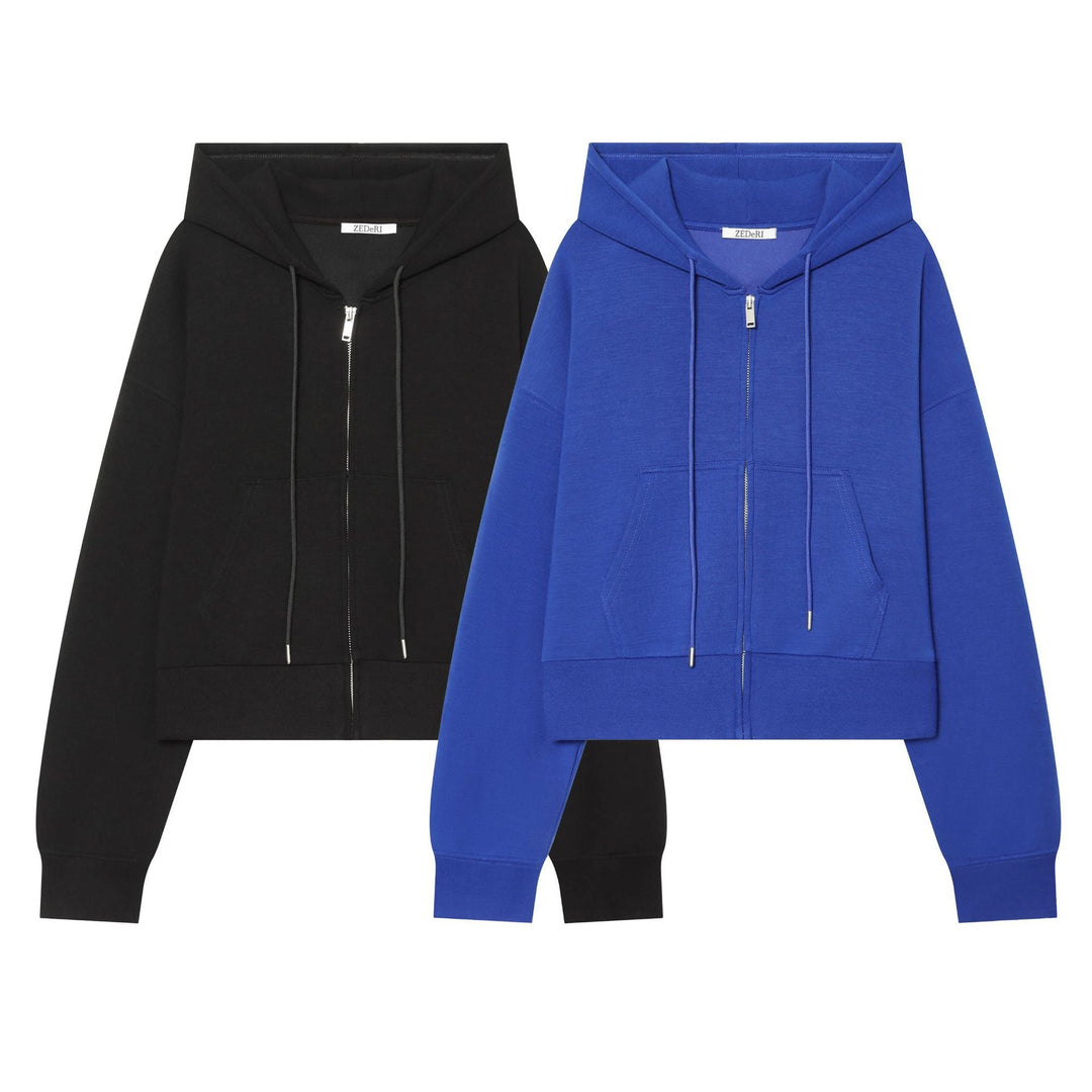 Women's Cropped Sweat Jacket with Metal Zip, Kangaroo Pocket and Oversized Hood Hudson & Parker