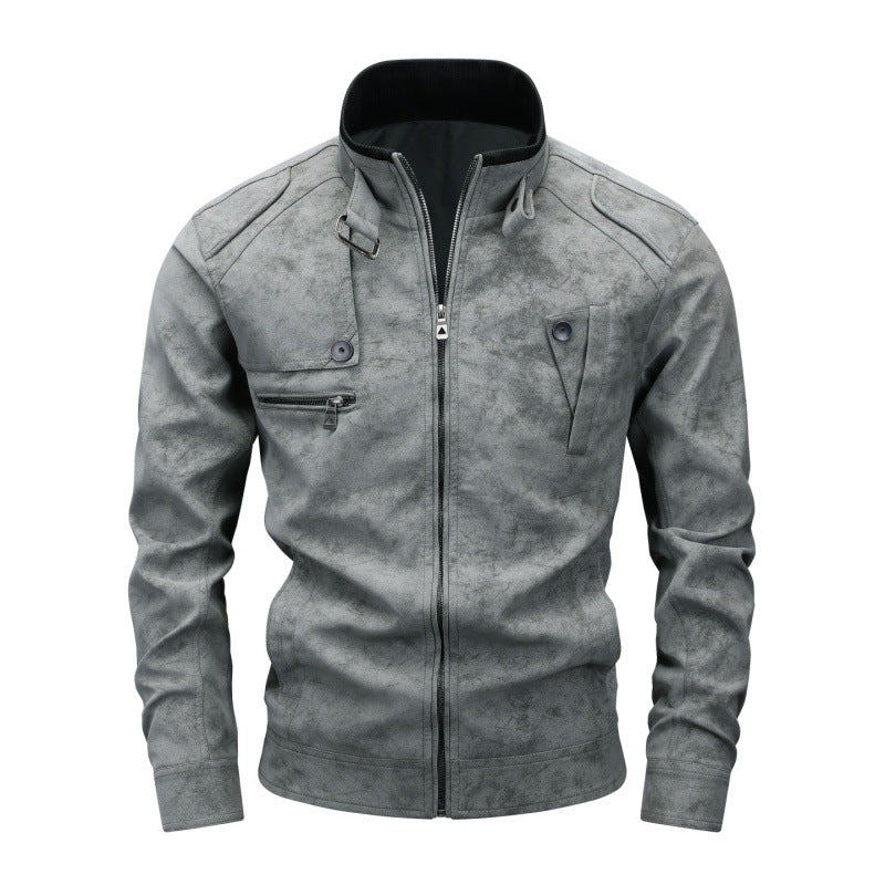 Men's Vintage Utility Faux Leather Jacket with Stand Collar and Multiple Pockets Hudson & Parker