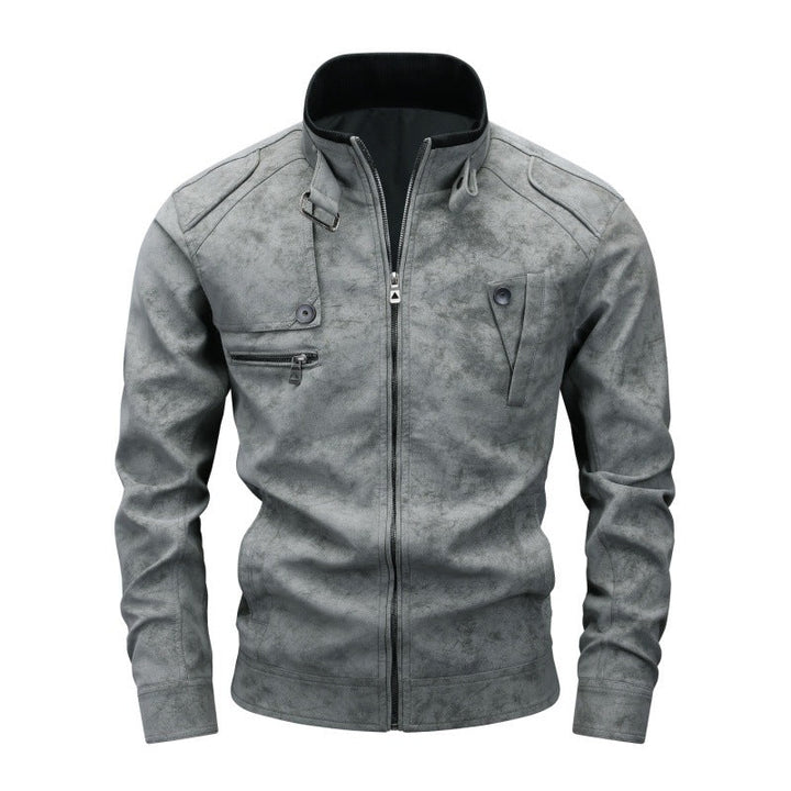 Men's Vintage Utility Faux Leather Jacket with Stand Collar and Multiple Pockets Hudson & Parker