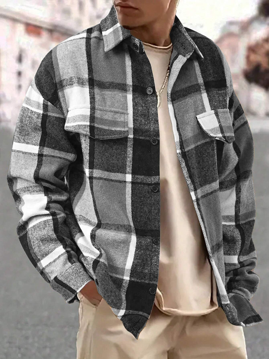 Men's oversized check shirt jacket made of soft flannel with patch chest pockets Hudson & Parker