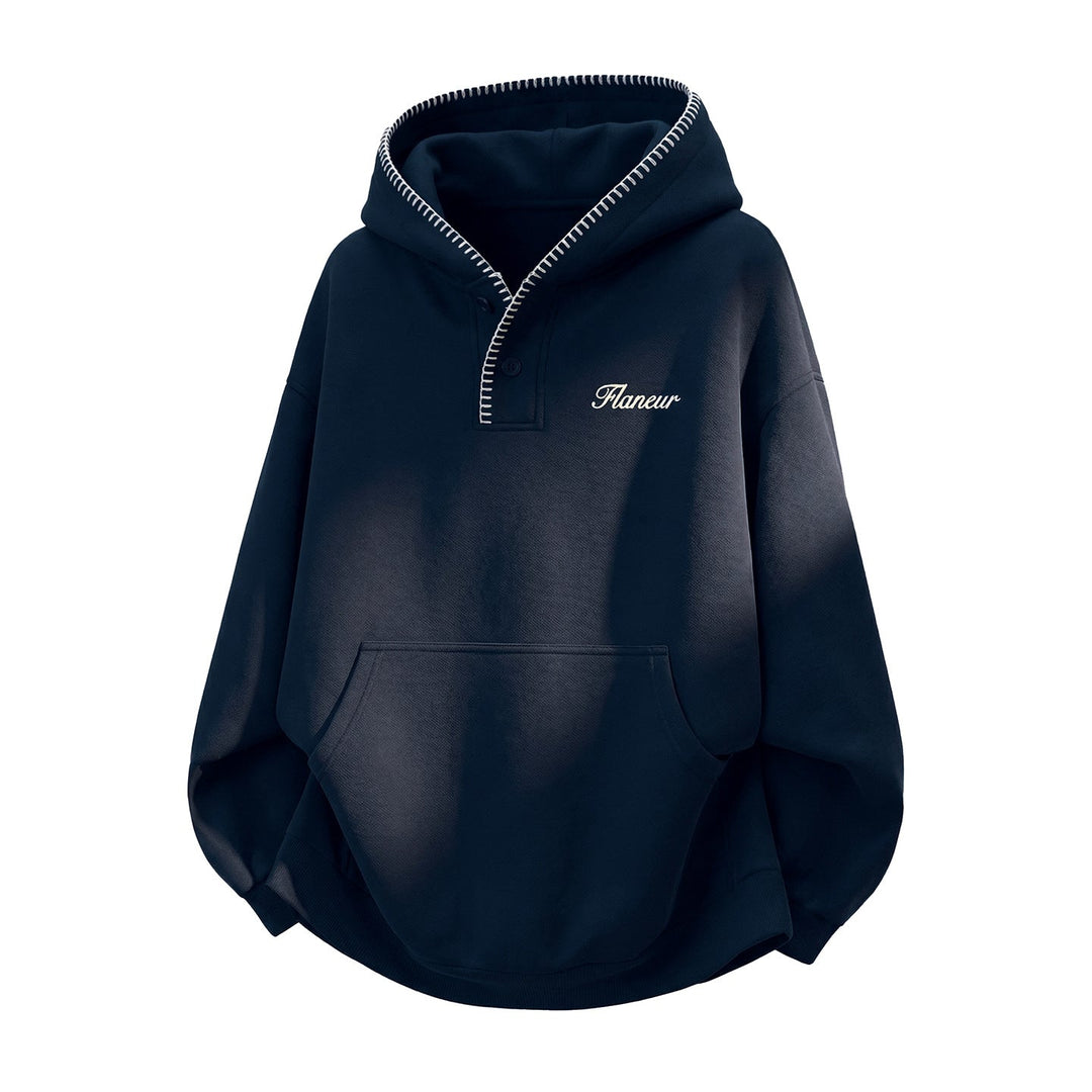 Unisex Oversize Hoodie with Kangaroo Pocket, Half Button Placket, and Decorative Stitch Hudson & Parker